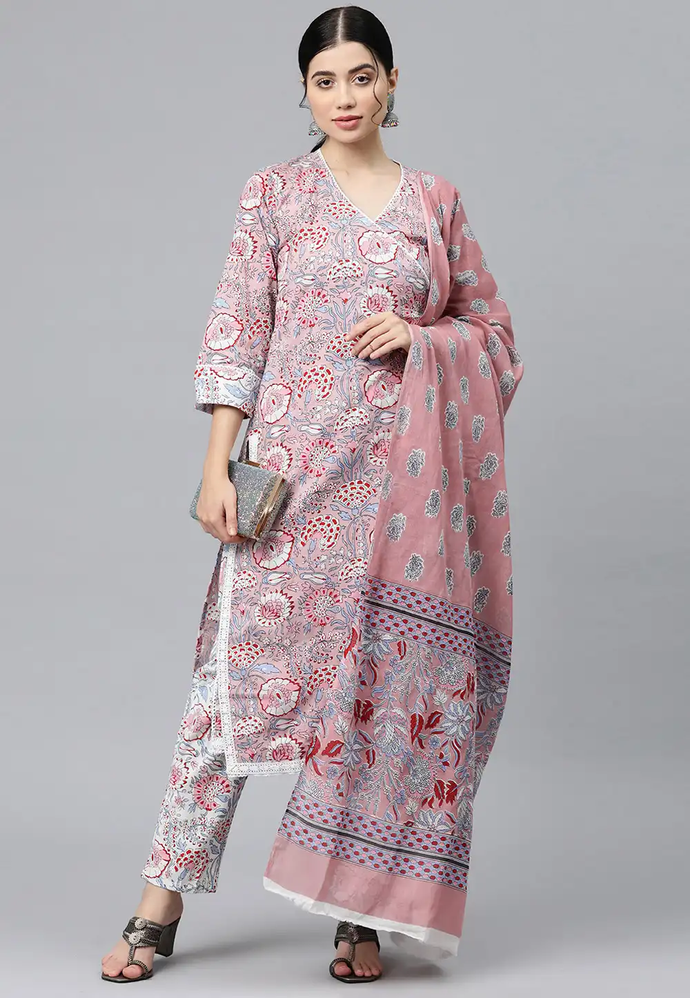 Pink Cotton Readymade Pakistani Suit 292671