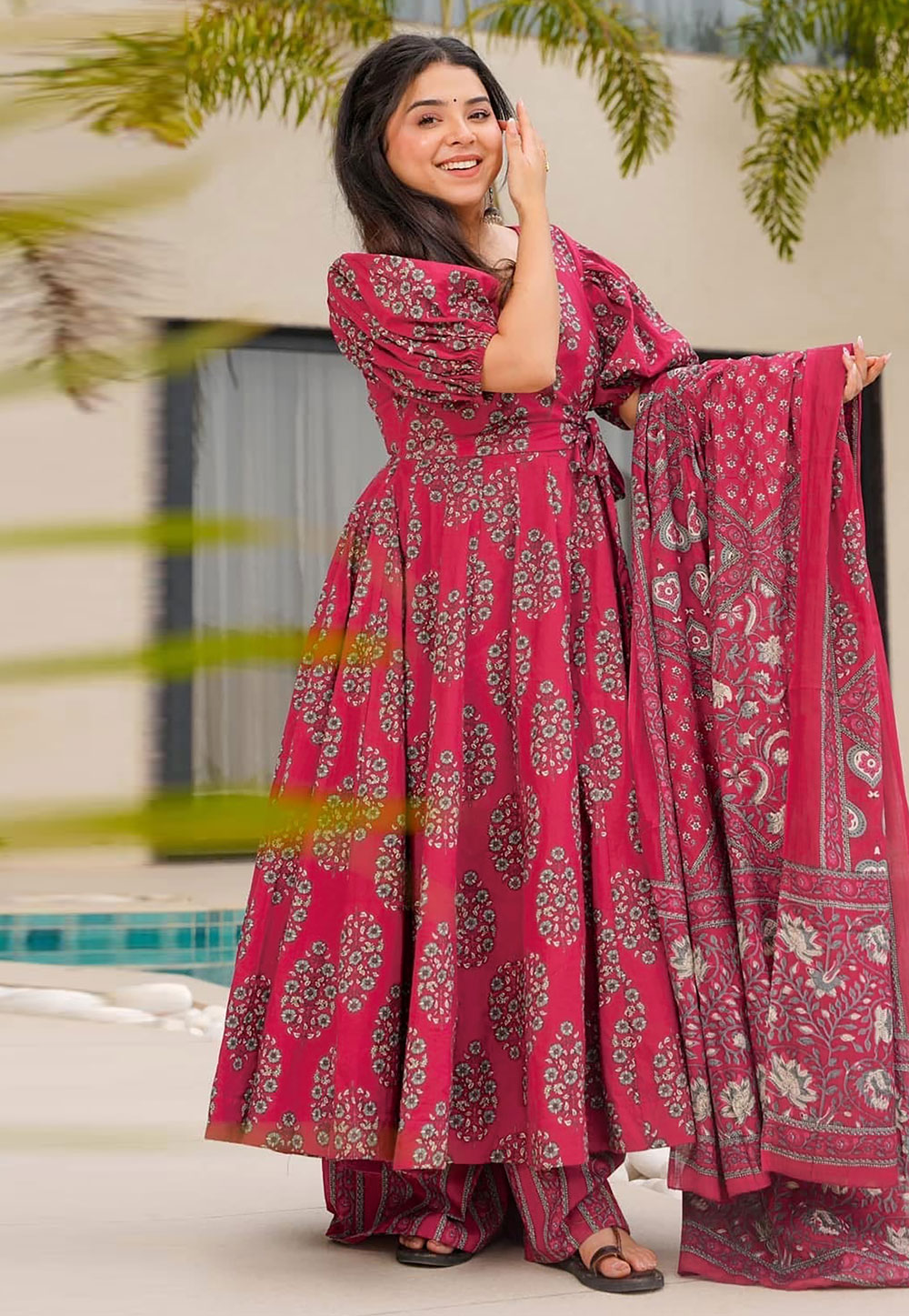 Pink Cotton Readymade Palazzo Suit 309258