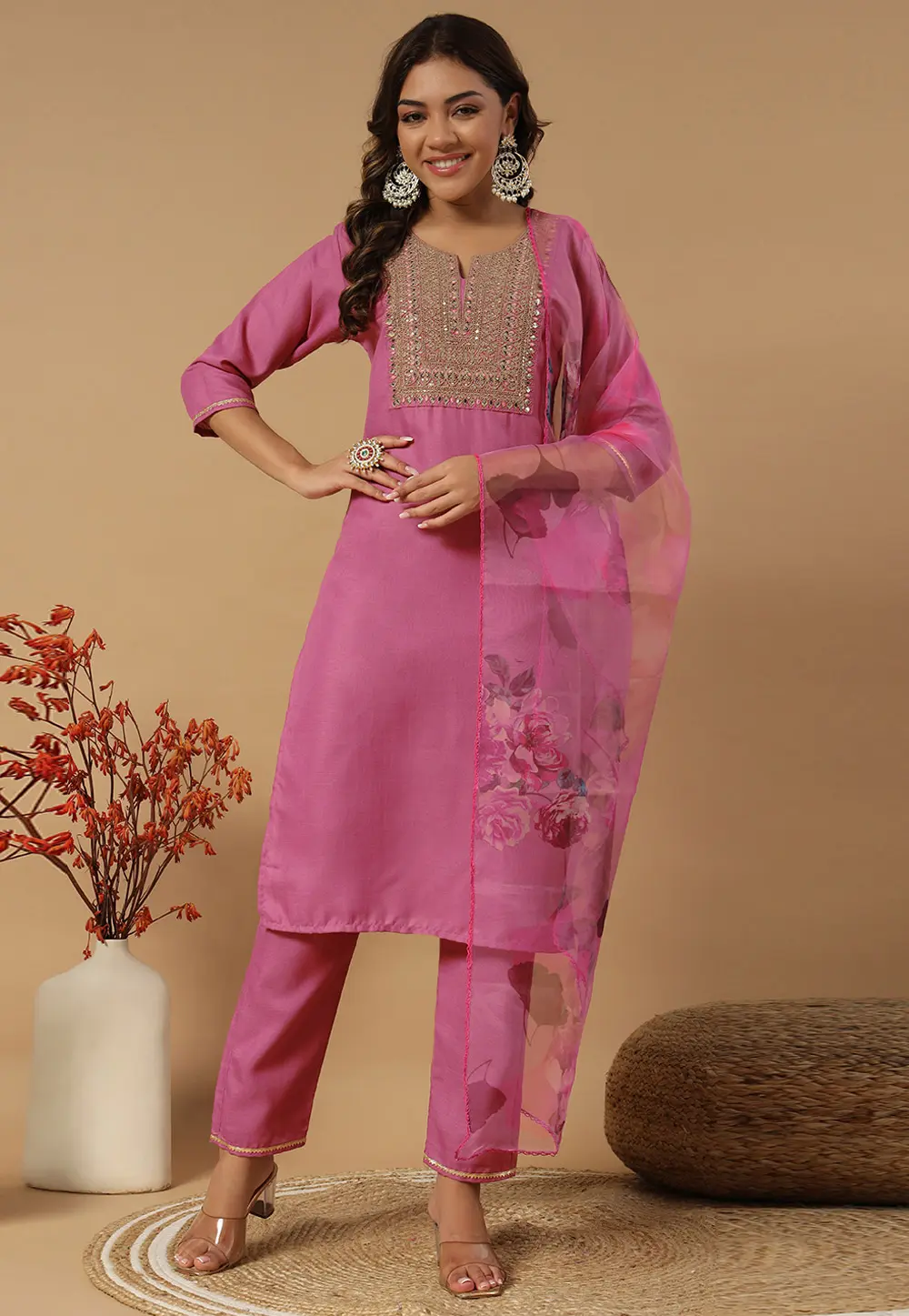 Pink Cotton Readymade Pant Style Suit 301177