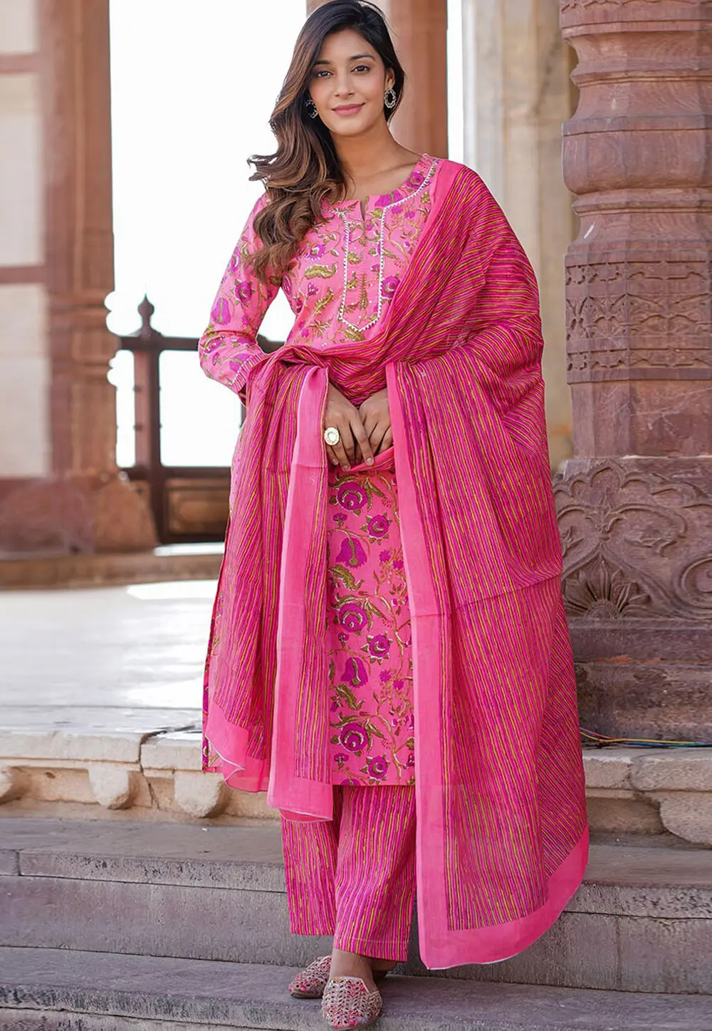 Pink Cotton Readymade Pant Style Suit 303872