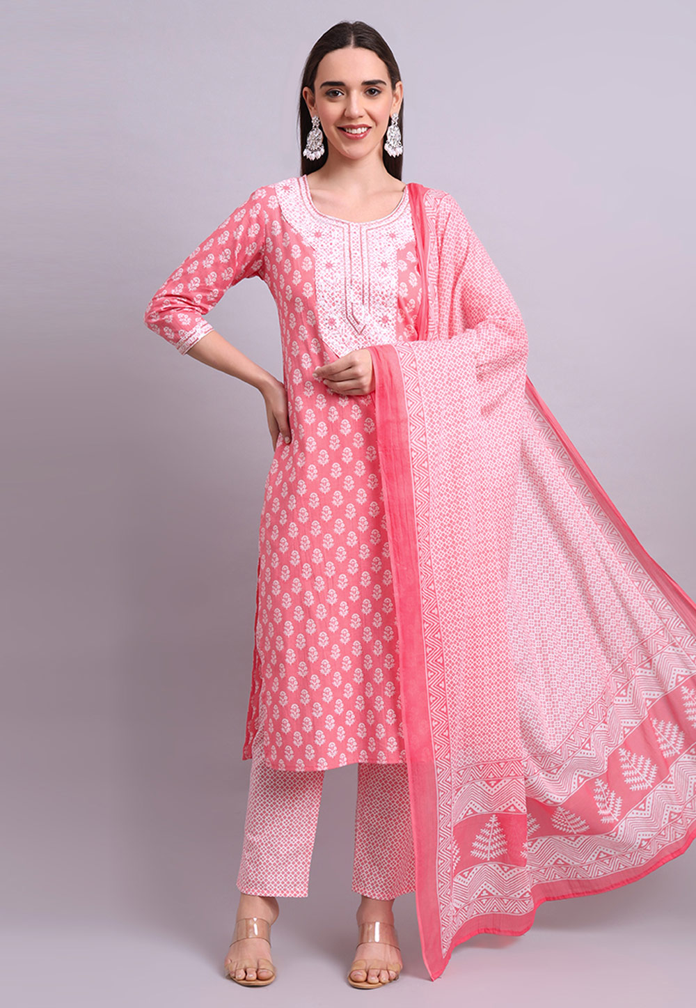 Pink Cotton Readymade Pant Style Suit 309656