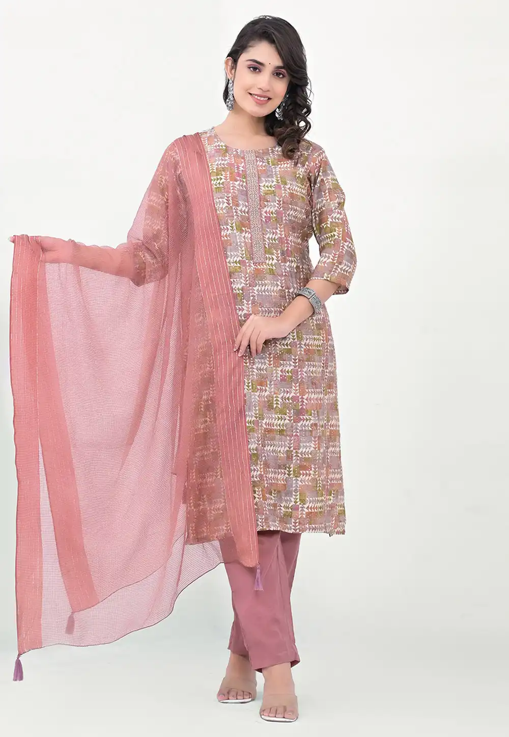 Pink Cotton Readymade Pant Style Suit 290382