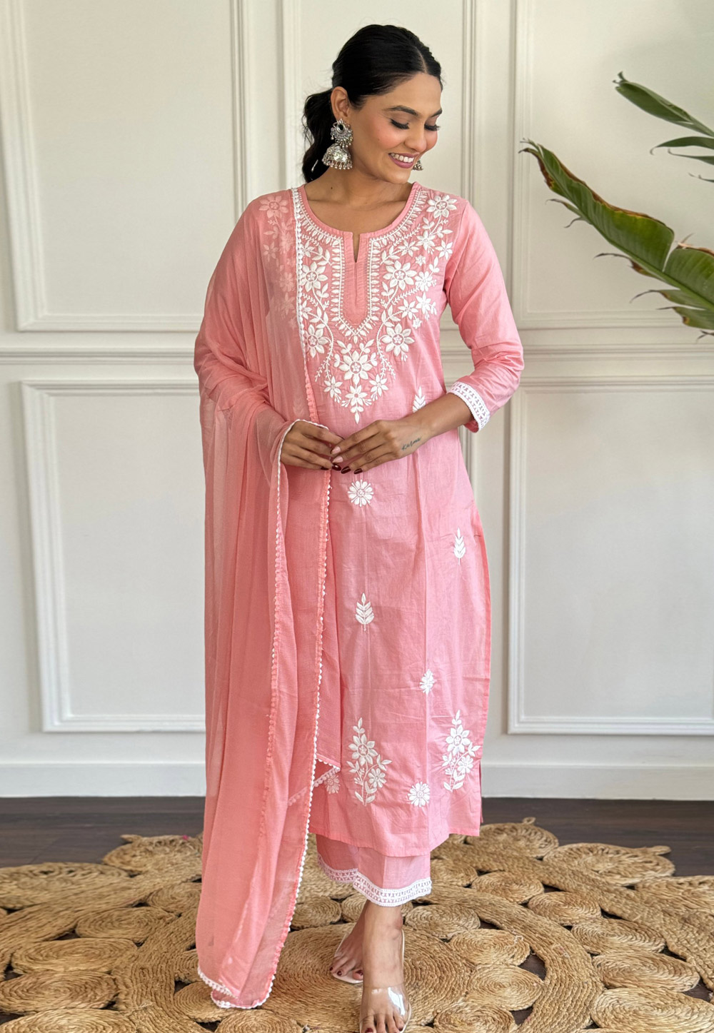 Pink Cotton Readymade Pant Style Suit 306563