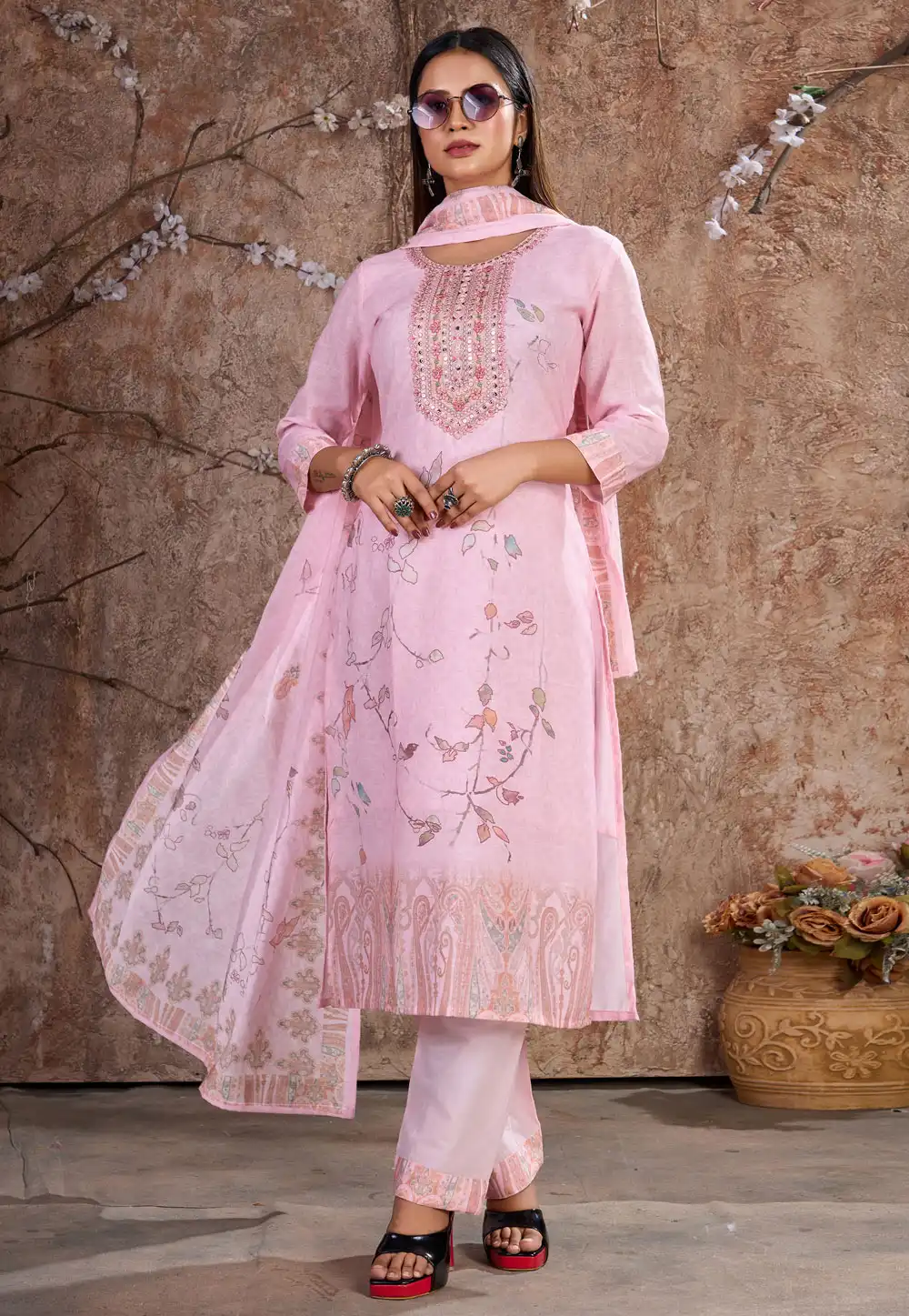 Pink Cotton Readymade Pant Style Suit 289180