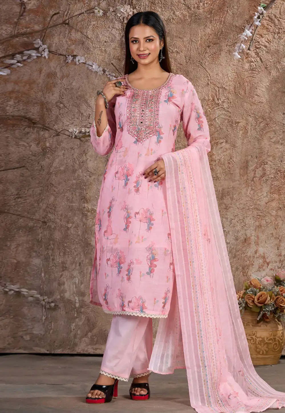 Pink Cotton Readymade Pant Style Suit 289182