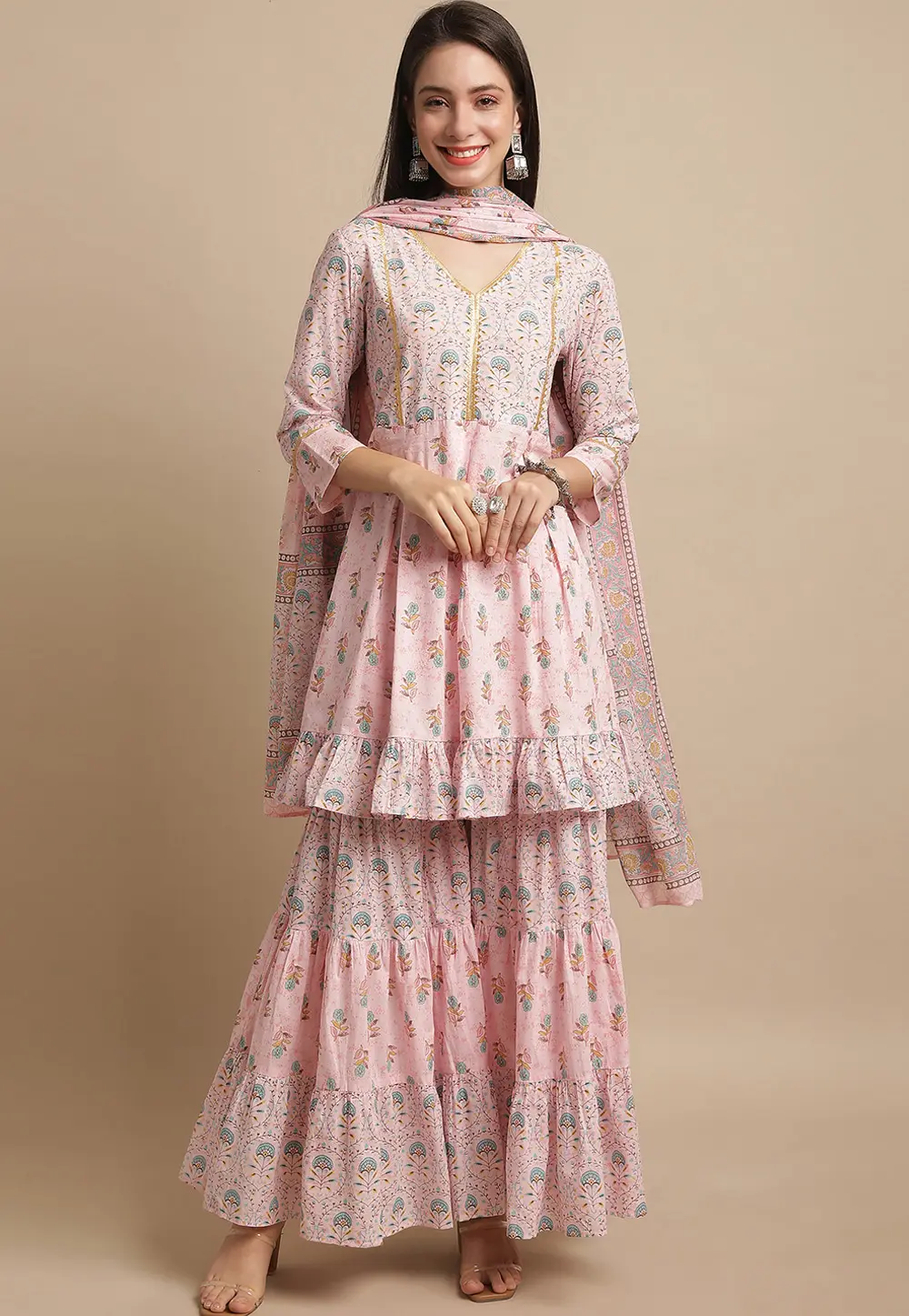 Pink Cotton Readymade Sharara Suit 303468