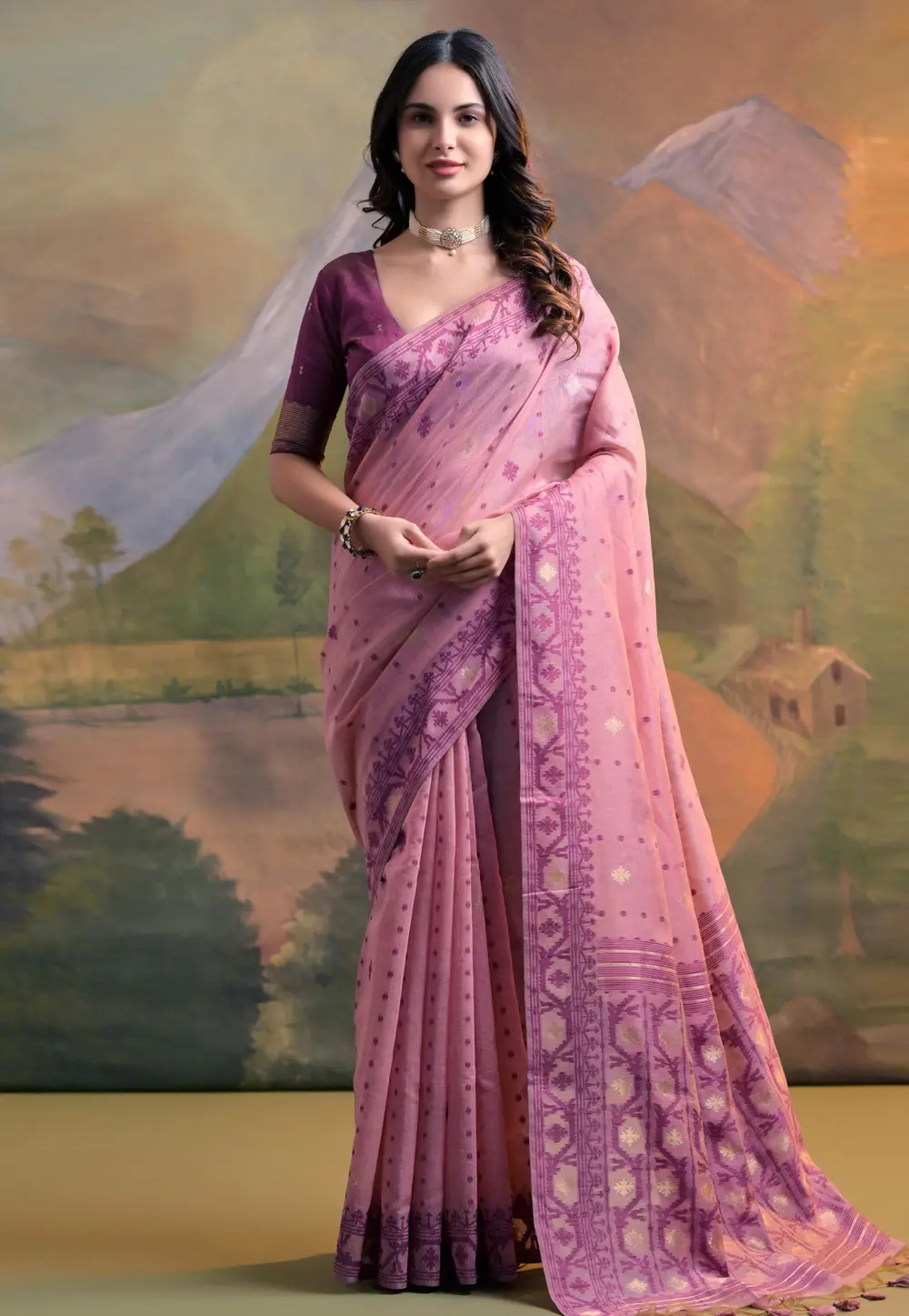 Pink Cotton Saree With Blouse 299254