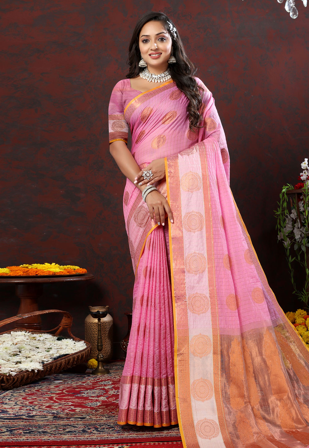 Pink Cotton Saree With Blouse 280184
