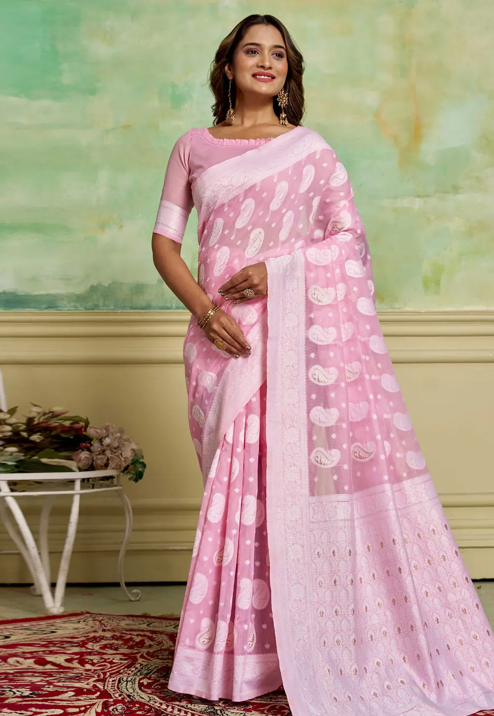 Pink Cotton Saree With Blouse 301230