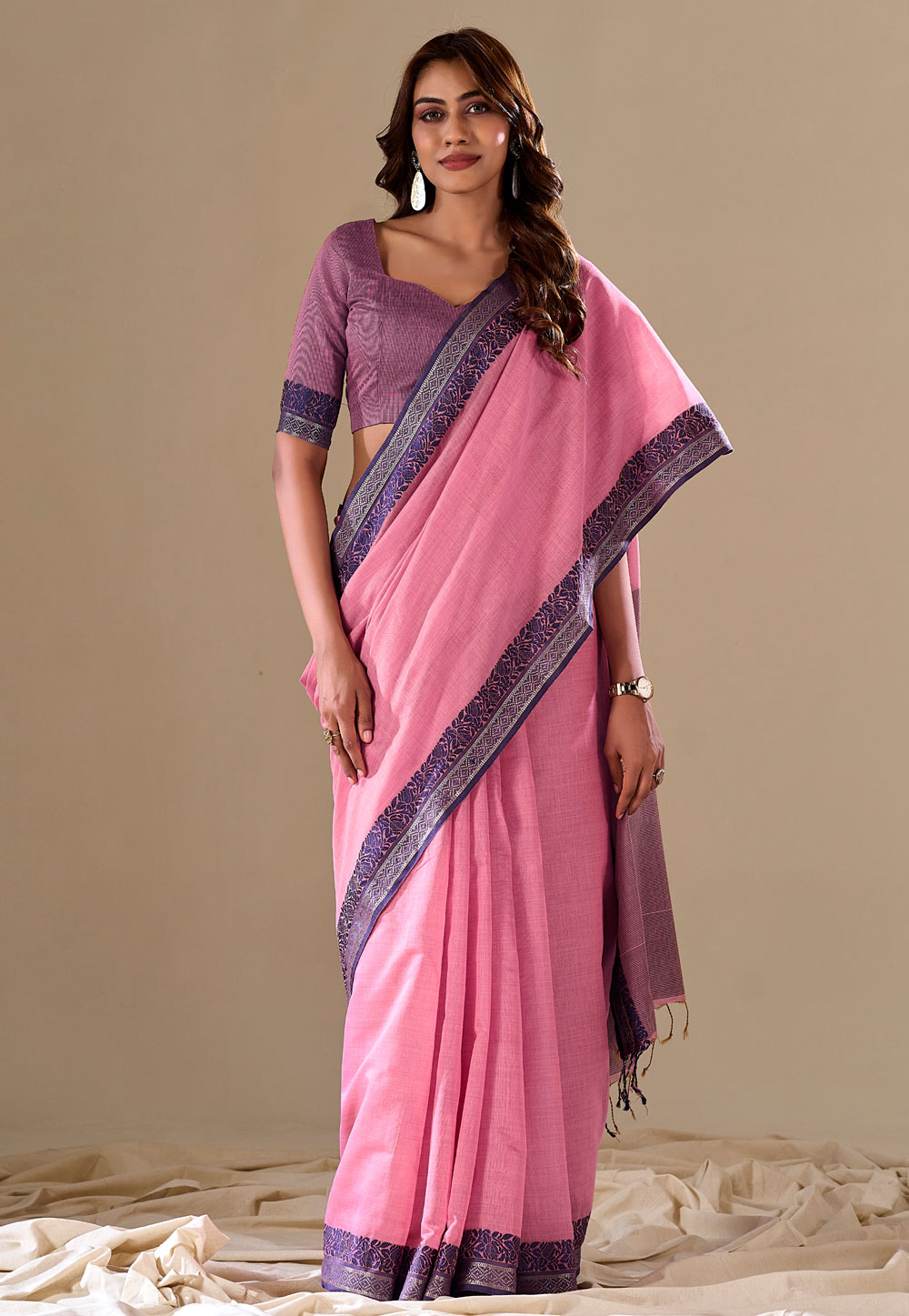Pink Cotton Saree With Blouse 286027