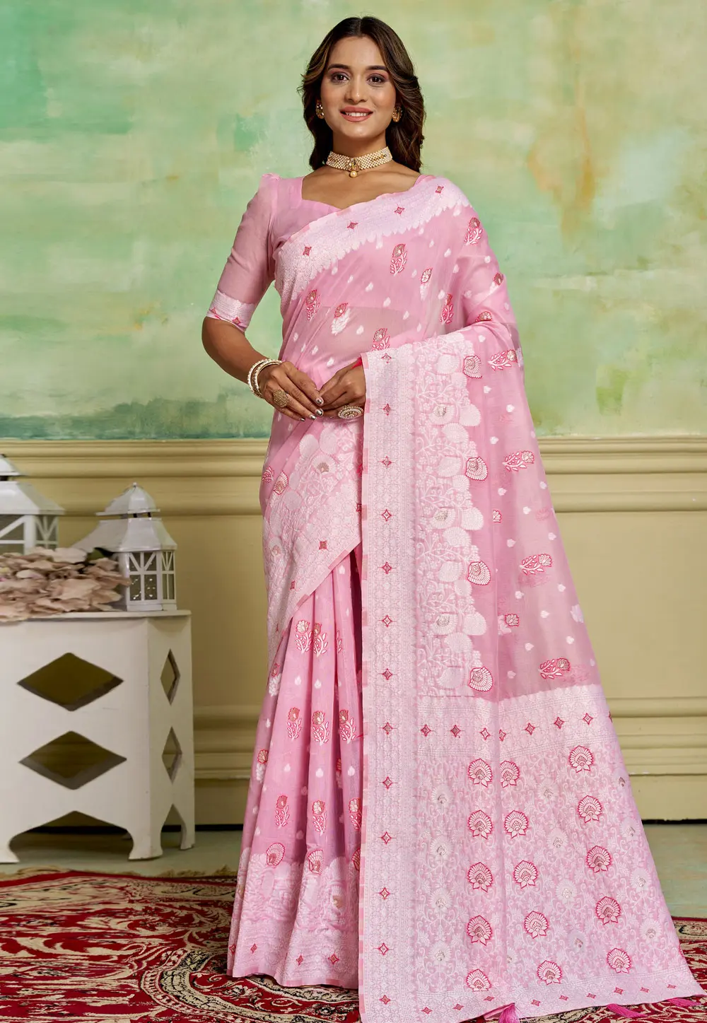 Pink Cotton Saree With Blouse 300572