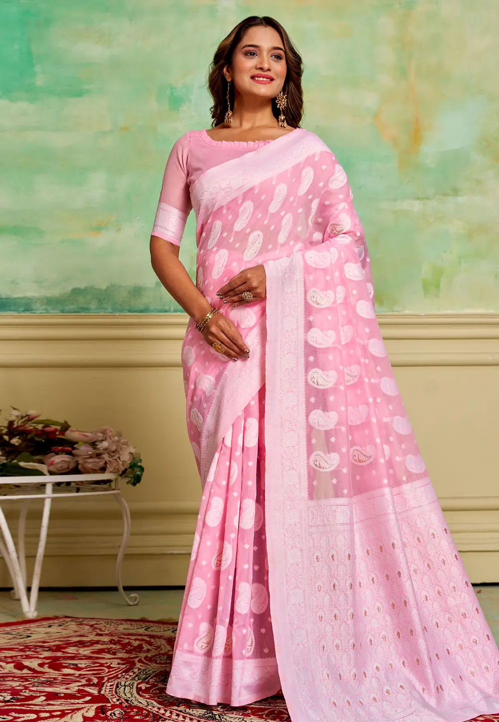 Pink Cotton Saree With Blouse 300819