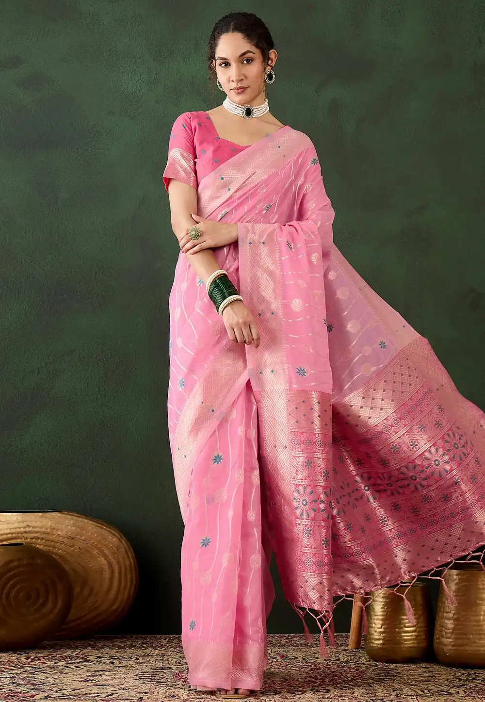 Pink Cotton Saree With Blouse 294350