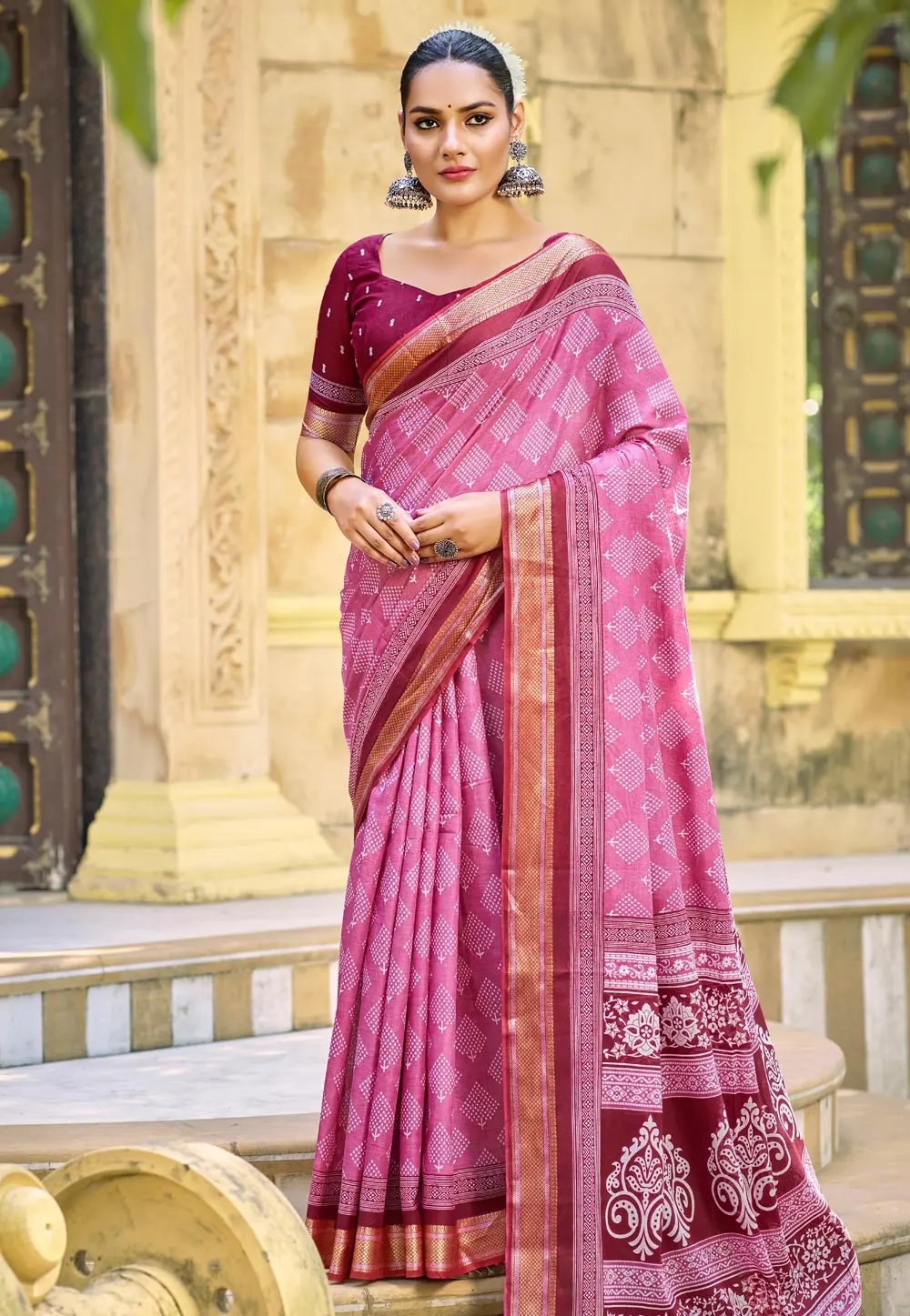 Pink Cotton Saree With Blouse 300113