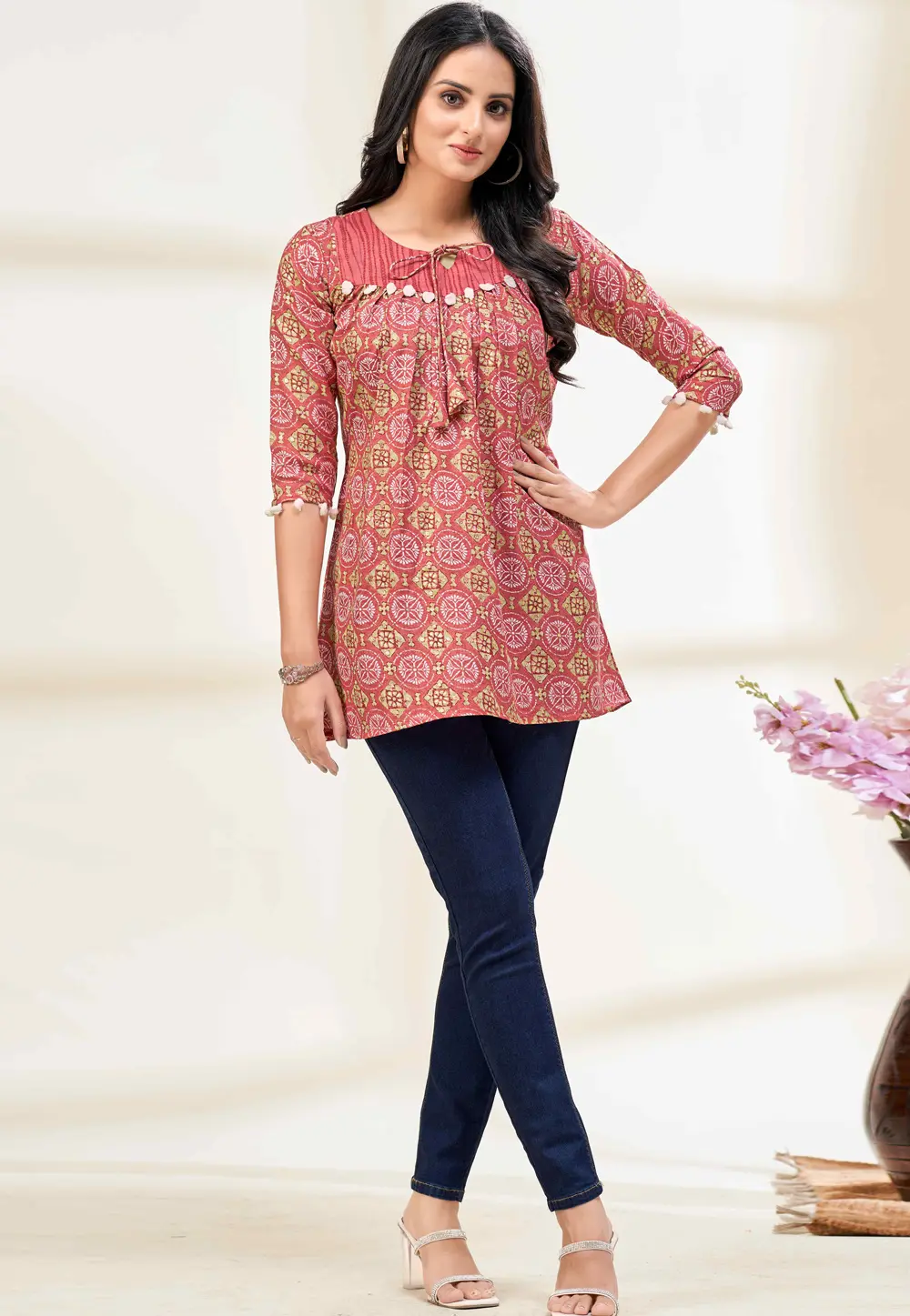 Pink Cotton Short Kurti 302415