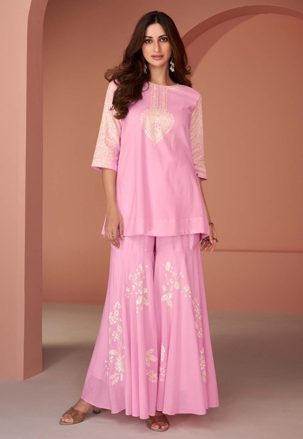 Pink Cotton Silk Kurta Set With Sharara 285990