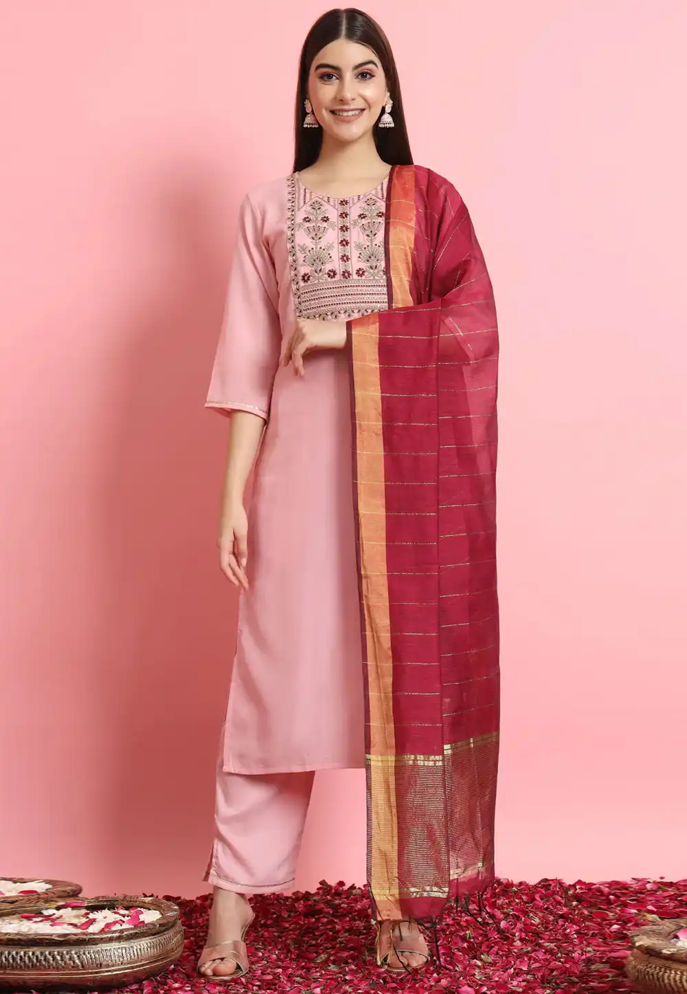 Pink Cotton Silk Readymade Pant Style Suit 289450