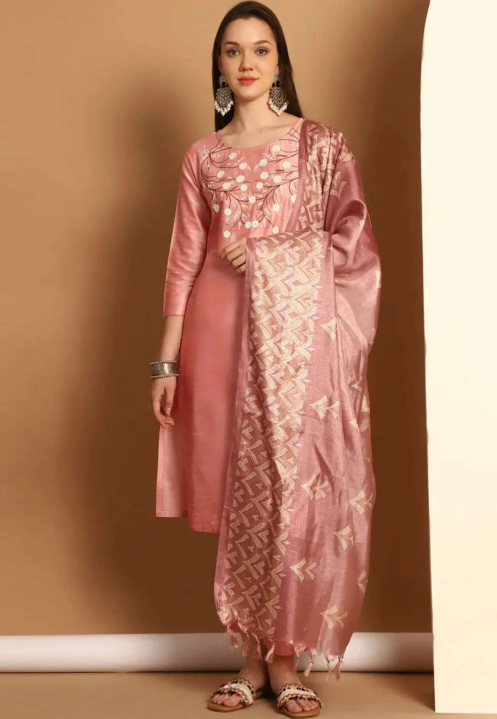 Pink Cotton Silk Readymade Pant Style Suit 298353