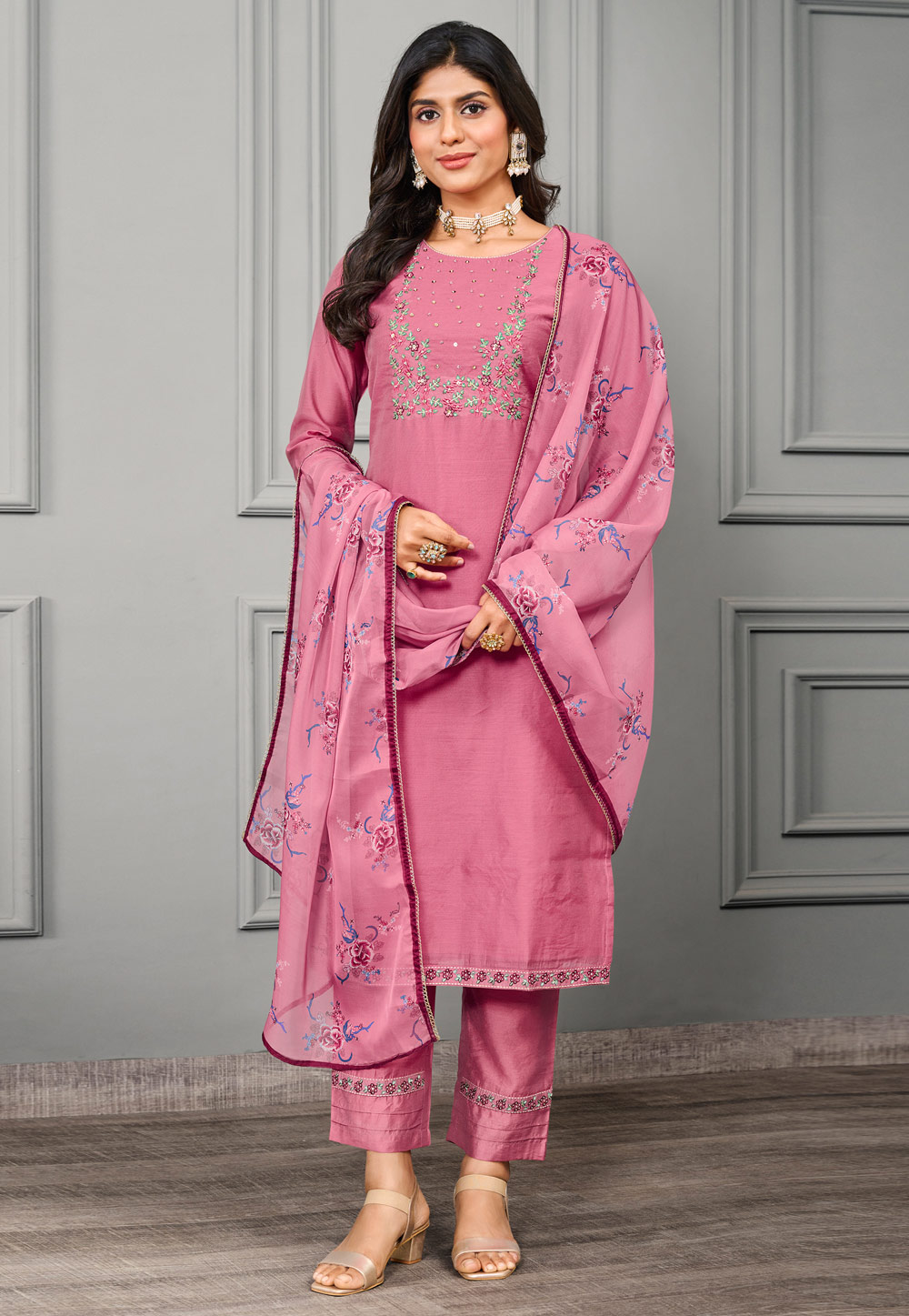 Pink Cotton Silk Readymade Pant Style Suit 282008