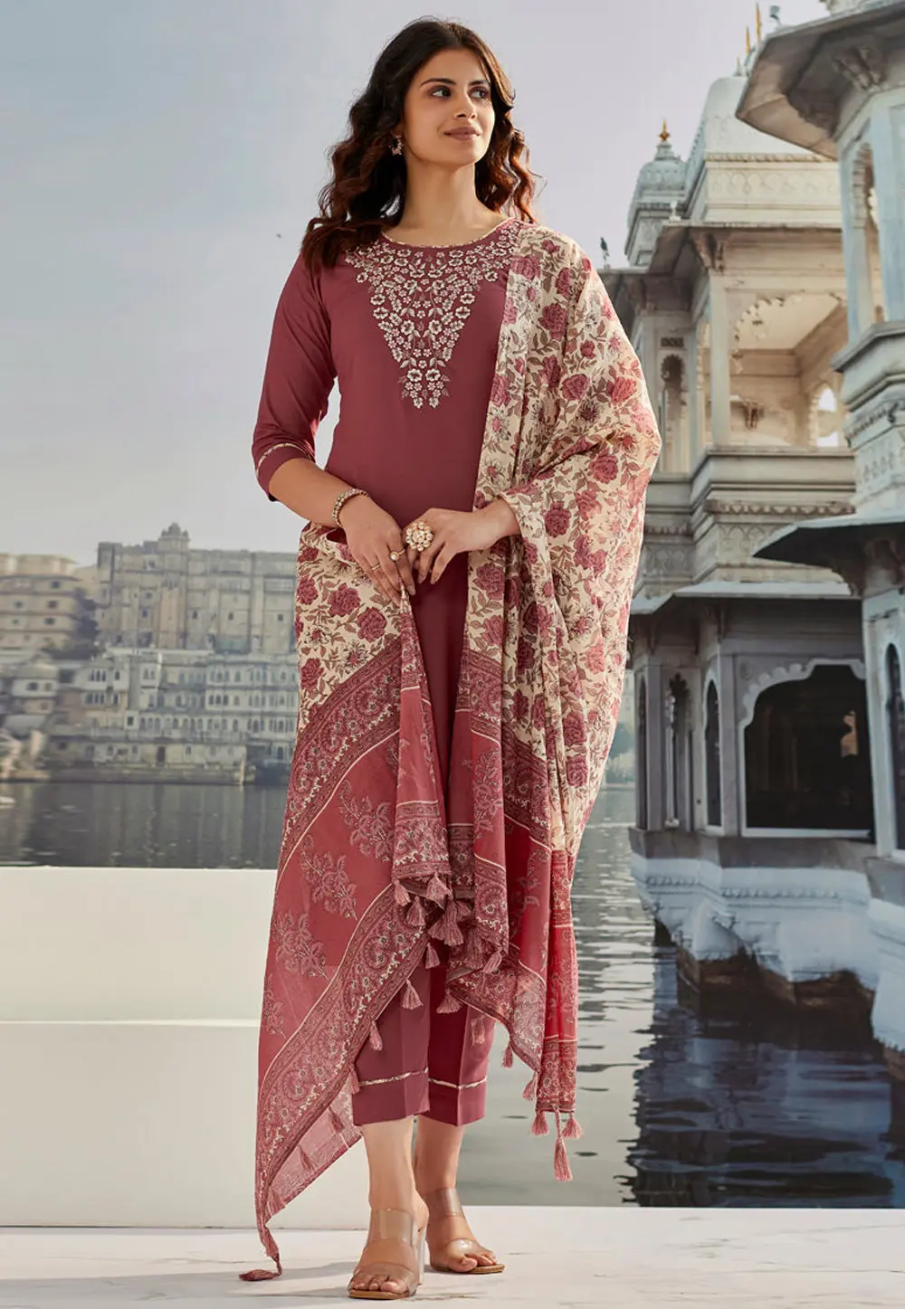 Pink Cotton Silk Readymade Pant Style Suit 302286