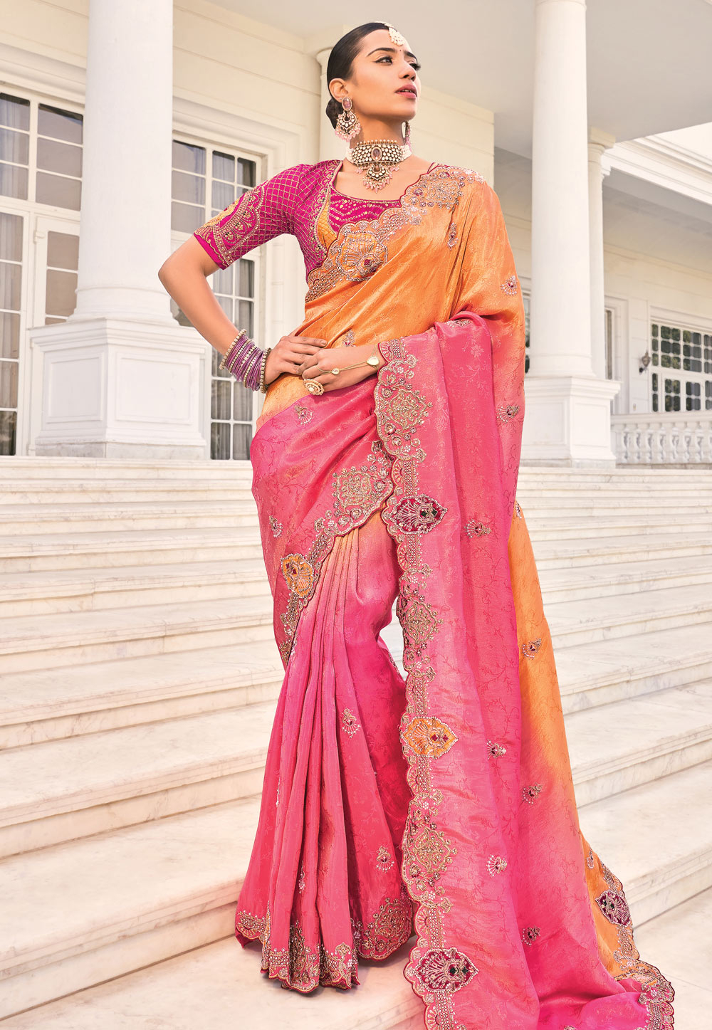 Pink Crepe Jacquard Half N Half Saree 306557