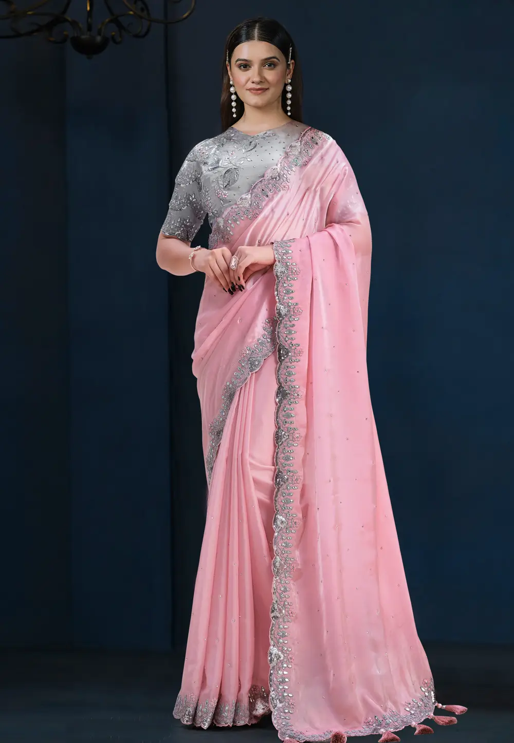 Pink Crepe Saree With Blouse 296823