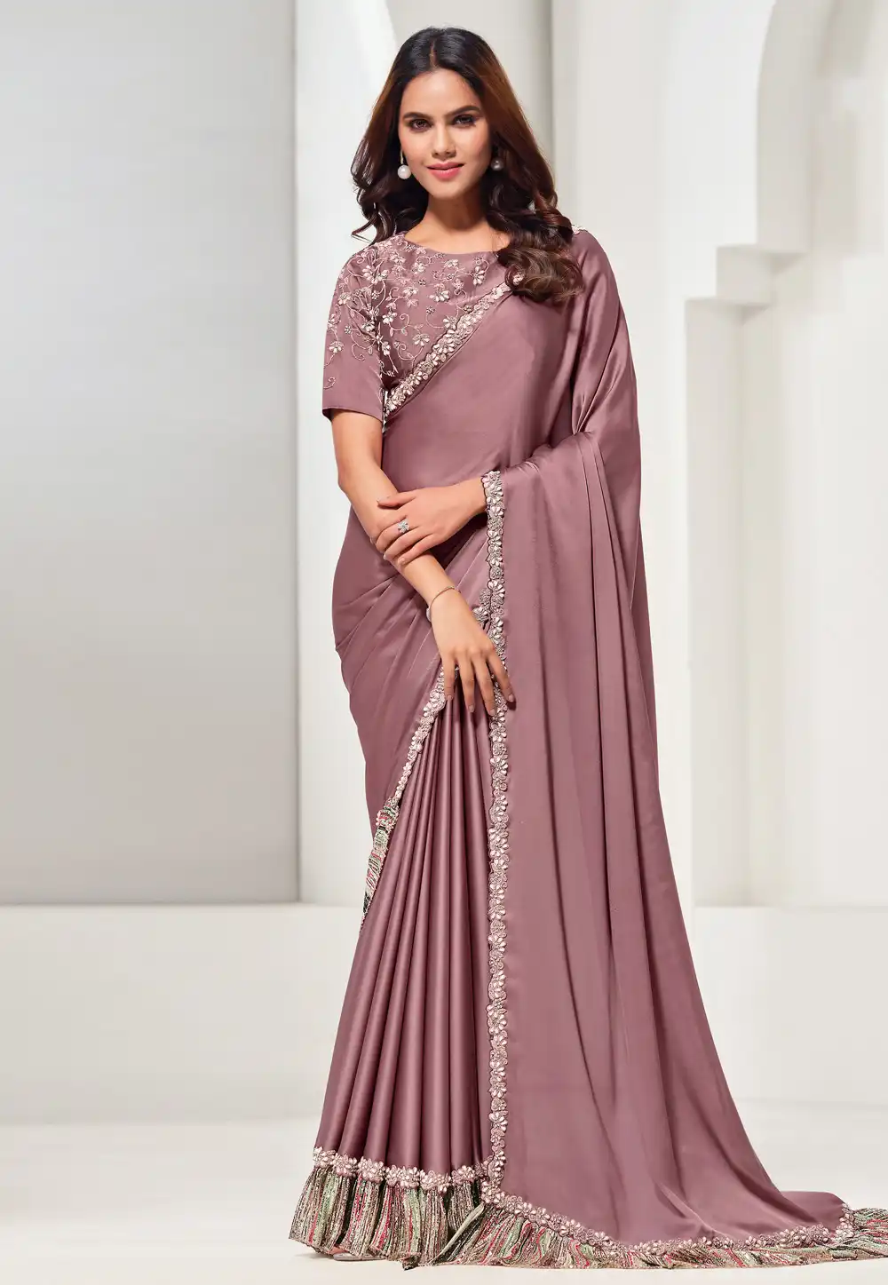 Pink Crepe Saree With Blouse 293082