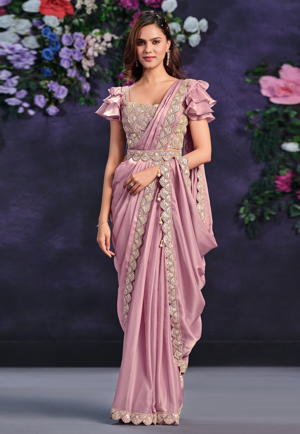 Pink Crepe Satin Designer Saree 286625