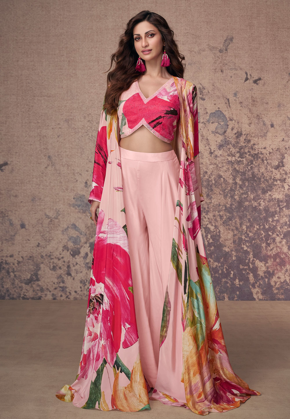 Pink Crepe Silk Palazzo With Crop Top 286180