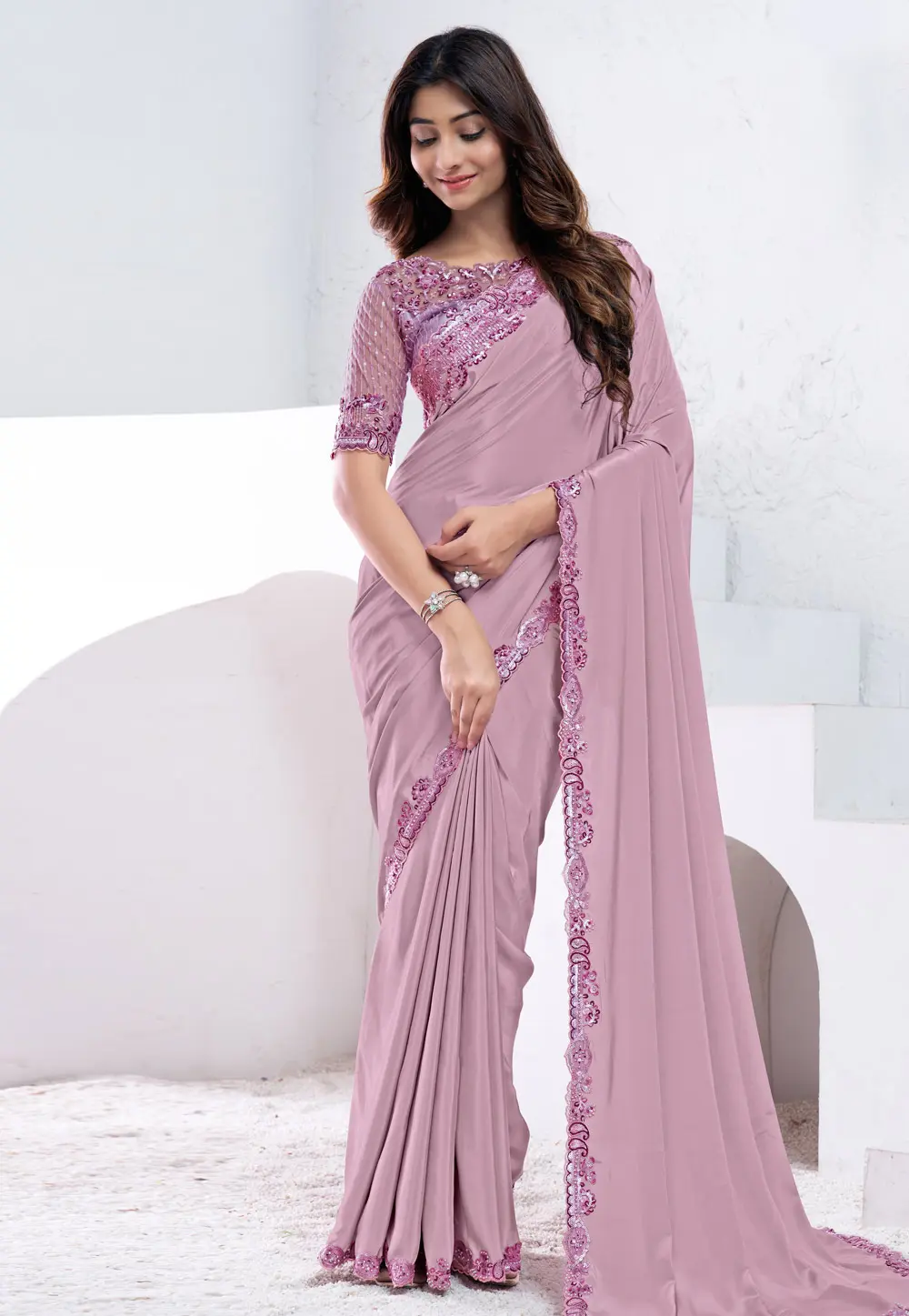 Pink Crepe Silk Saree With Blouse 301281