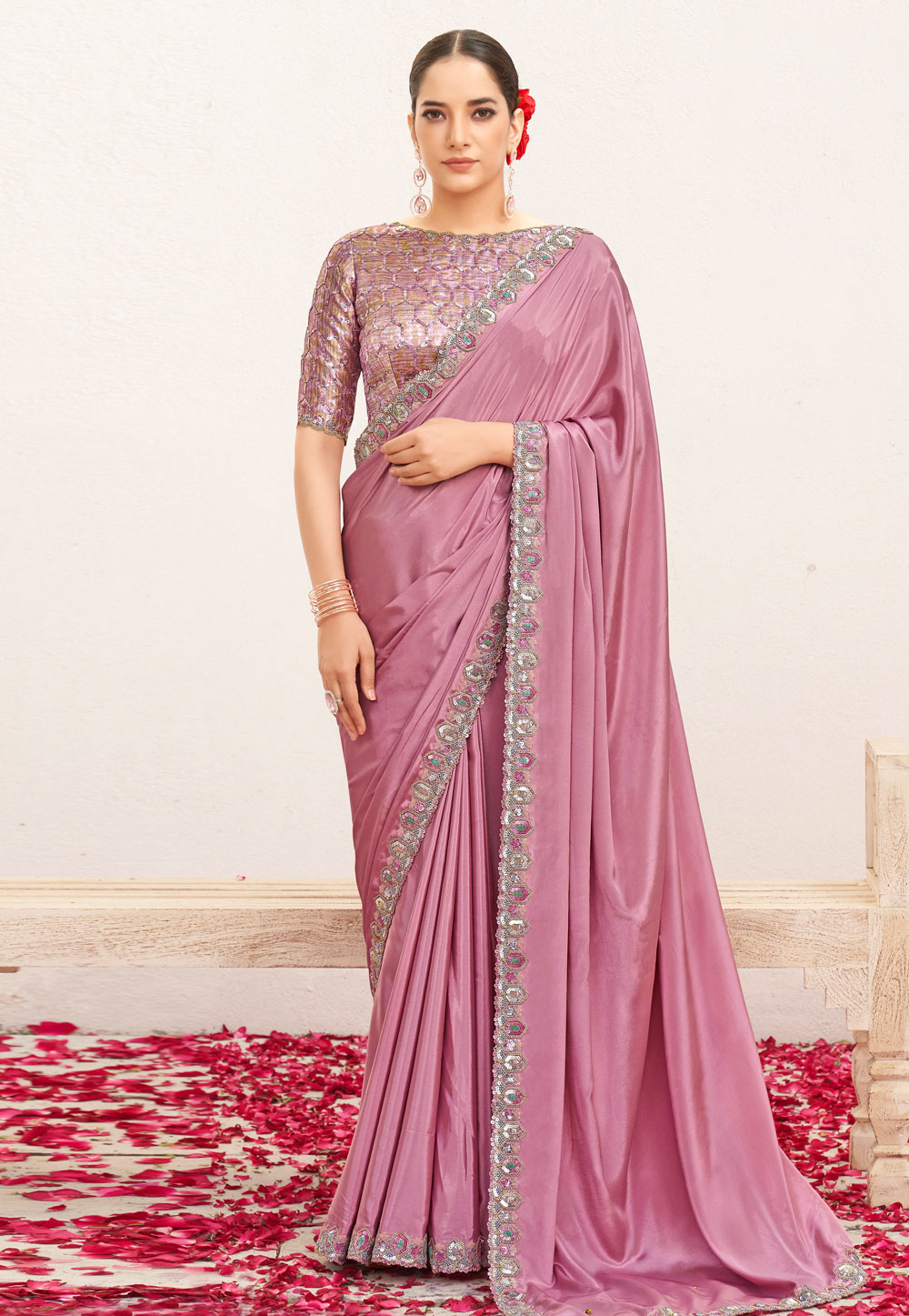 Pink Crepe Silk Saree With Blouse 309434