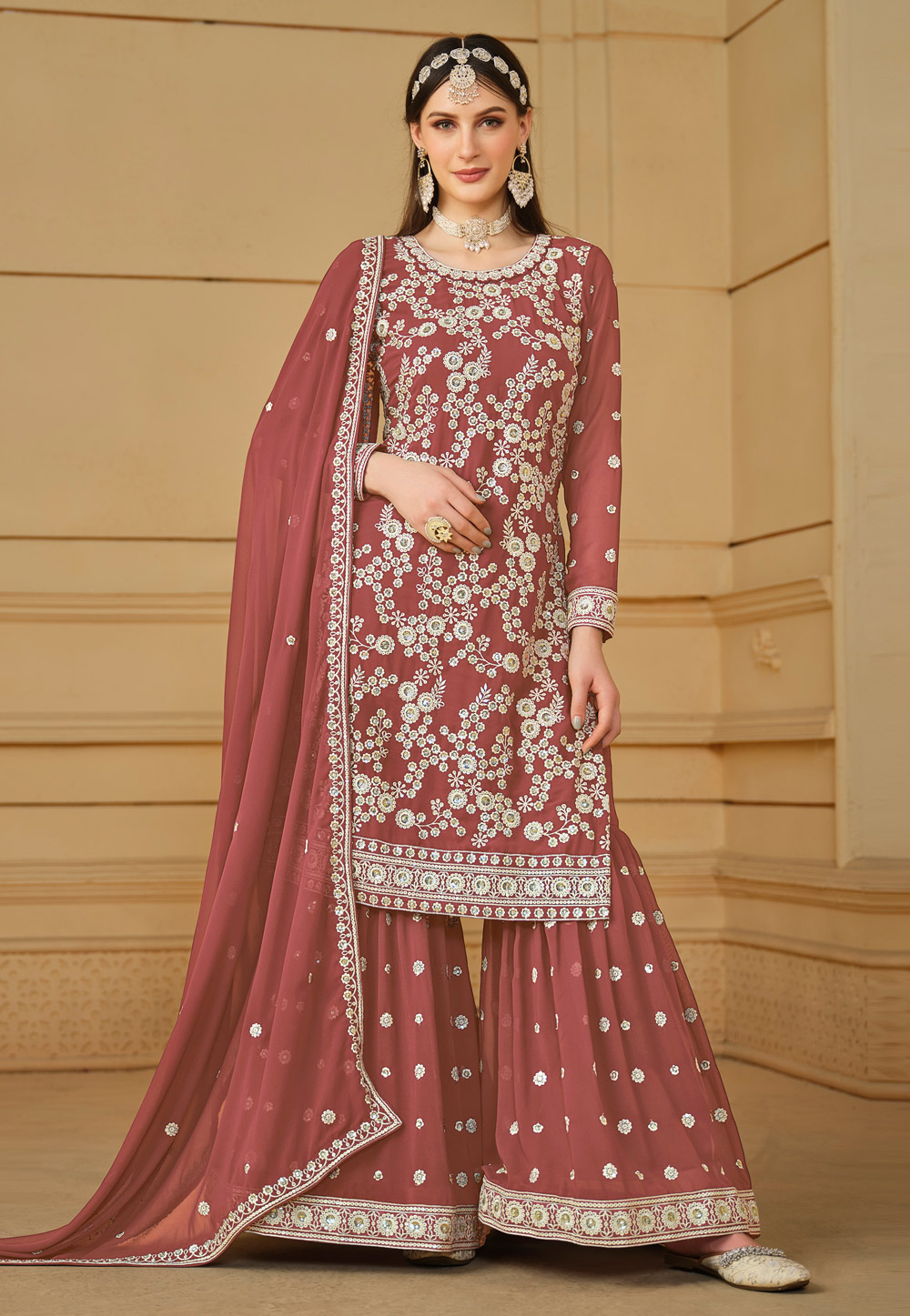 Pink Faux Georgette Embroidered Gharara Suit 283086