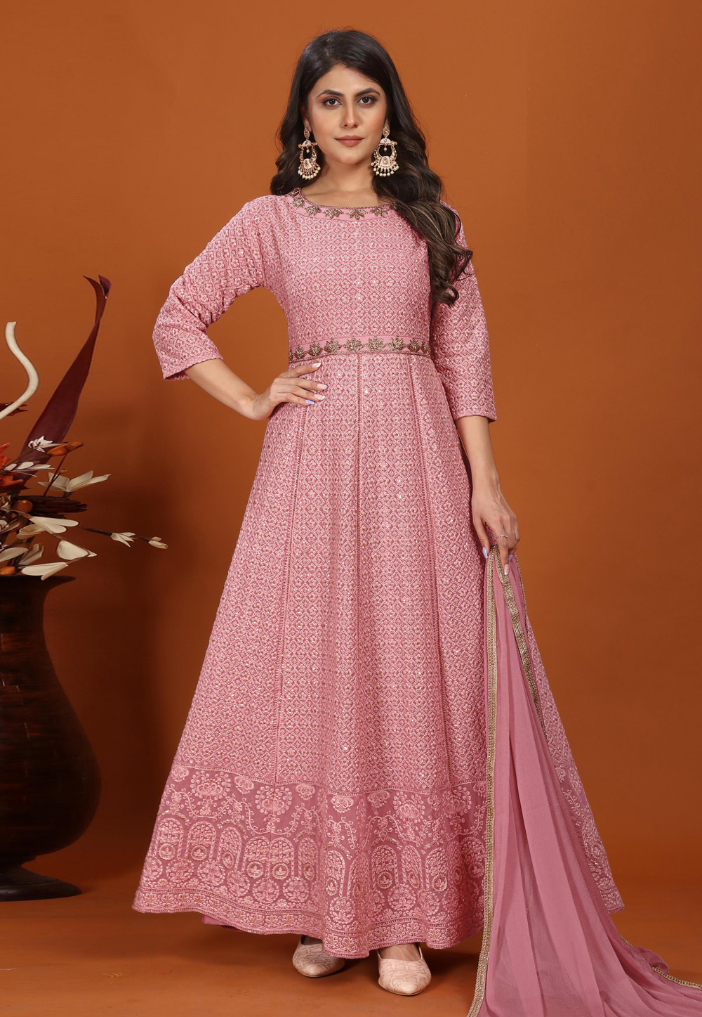 Pink Faux Georgette Embroidered Long Anarkali Suit 287560