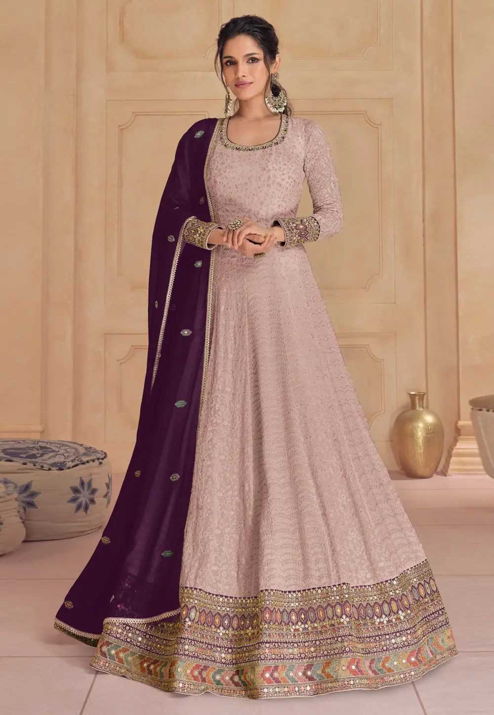 Pink Faux Georgette Embroidered Long Anarkali Suit 296826