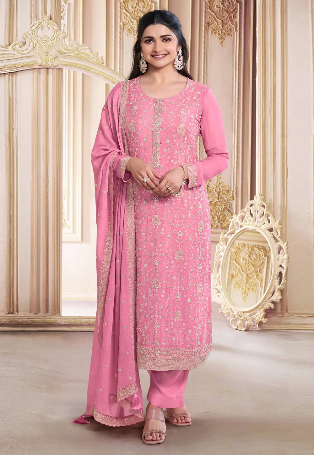 Pink Faux Georgette Embroidered Straight Suit 297081