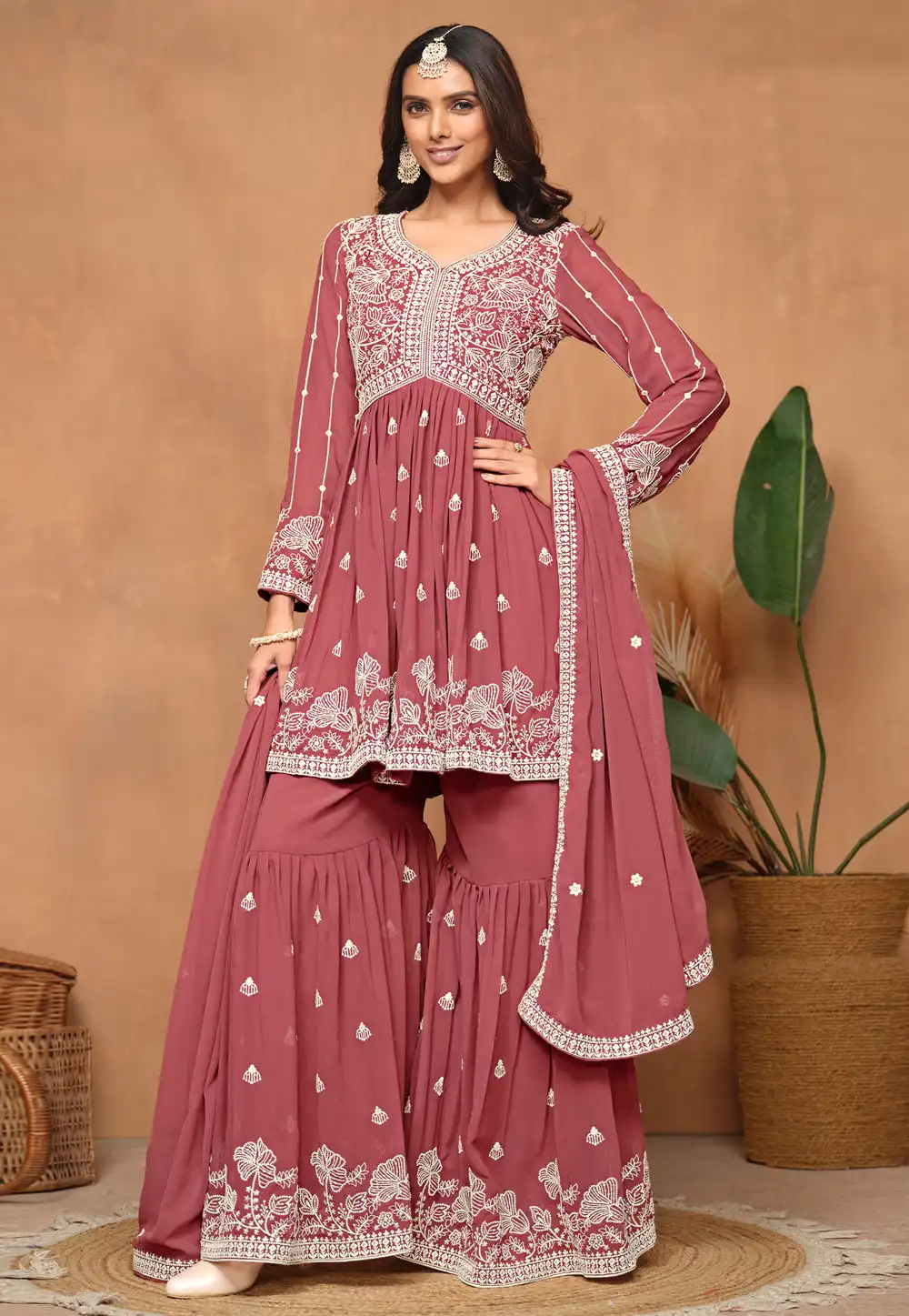 Pink Faux Georgette Gharara Suit 291846