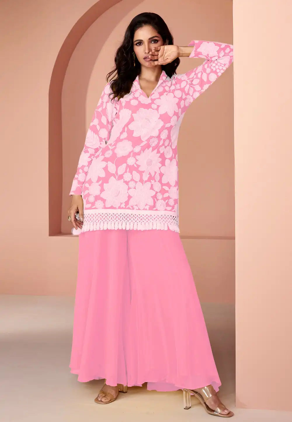 Pink Faux Georgette Kurta Set With Palazzo 288289