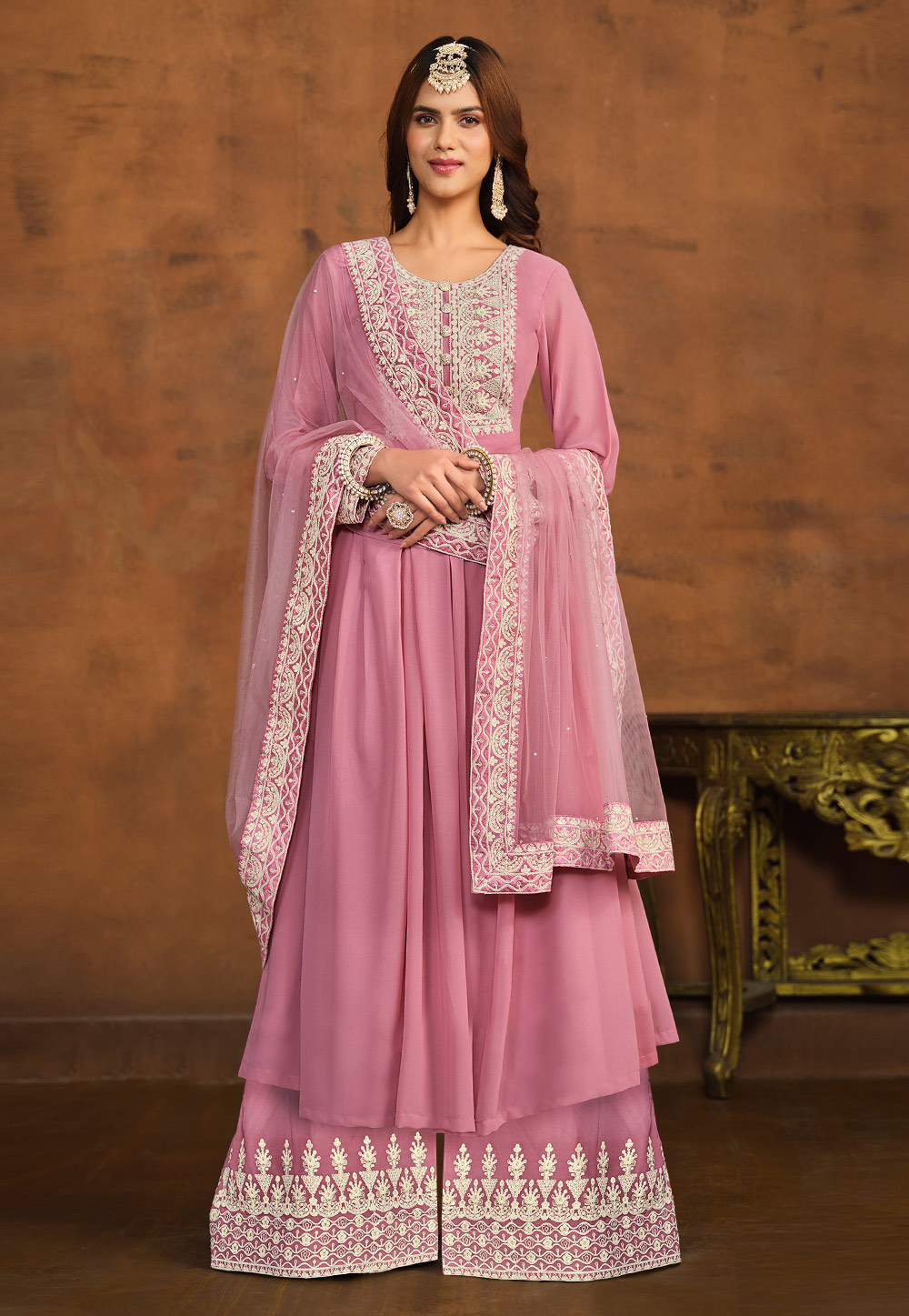 Pink Faux Georgette Palazzo Suit 281912