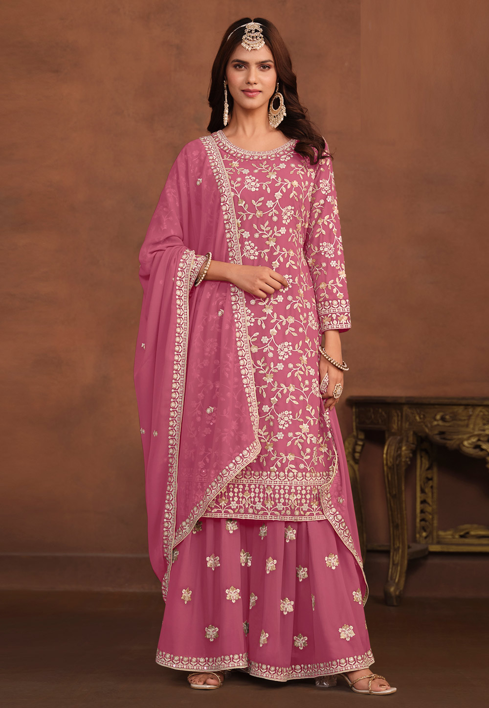 Pink Faux Georgette Palazzo Suit 280654