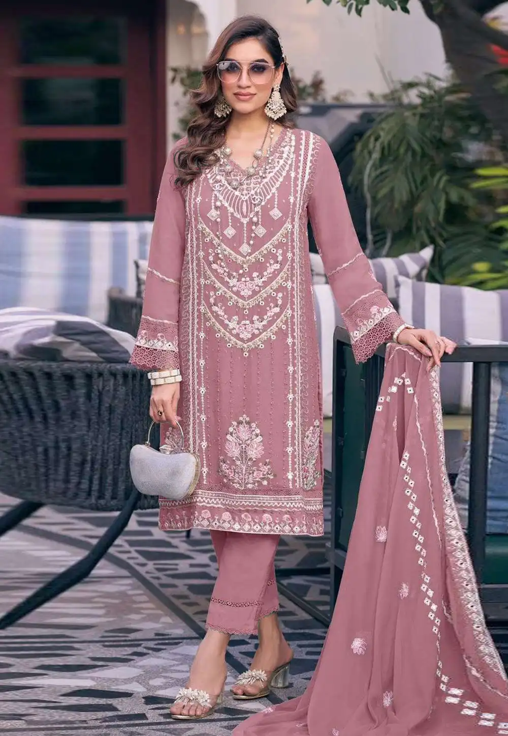 Pink Faux Georgette Pant Style Suit 292025