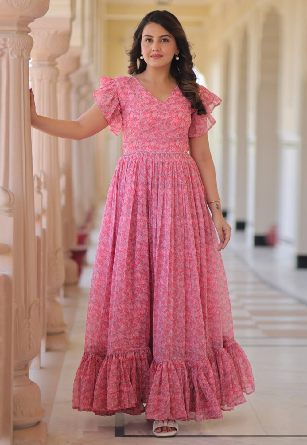 Pink Faux Georgette Printed Gown 310644