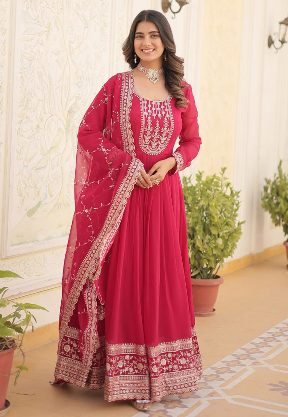 Pink Faux Georgette Readymade Anarkali Suit 286656