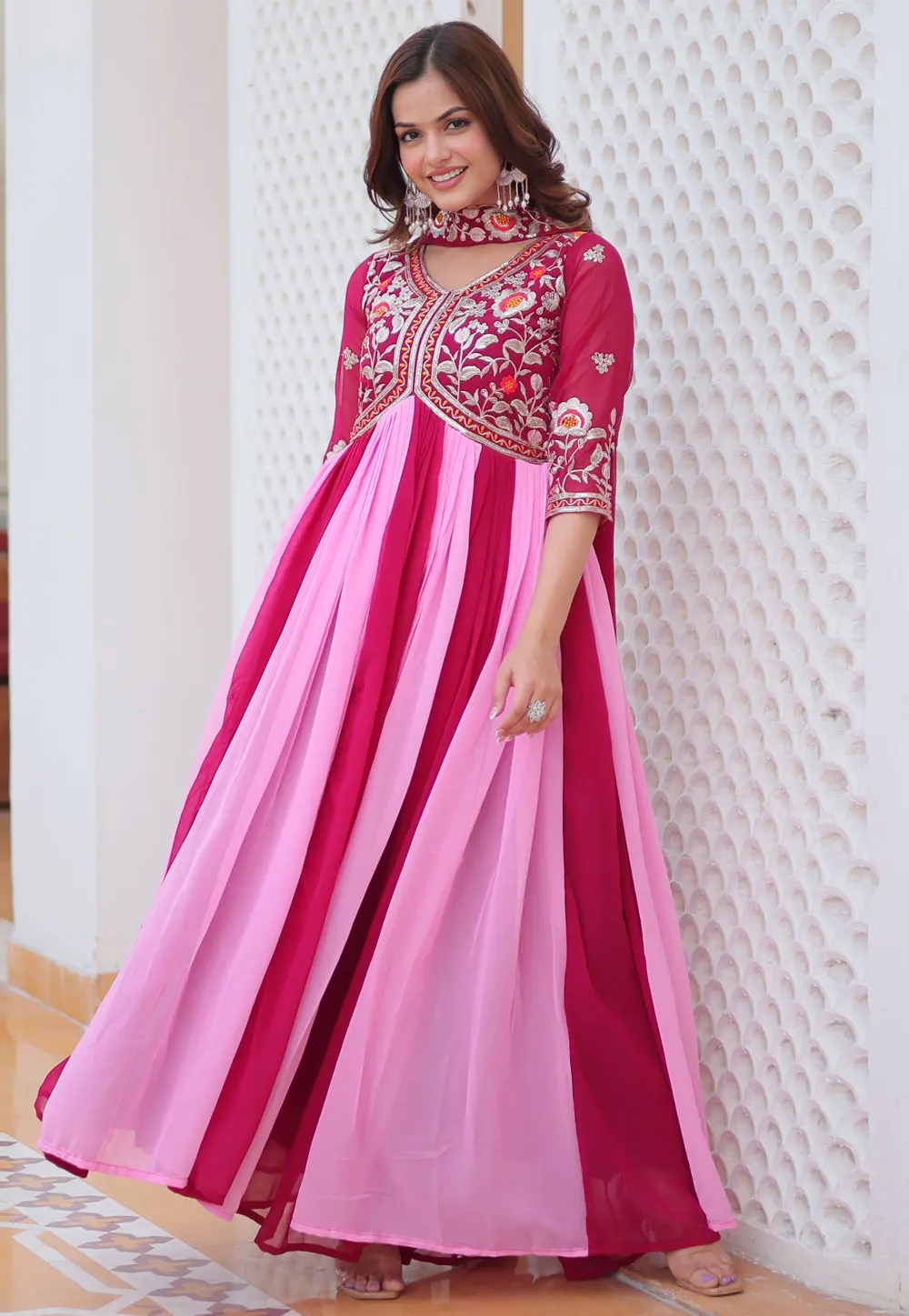 Pink Faux Georgette Readymade Long Anarkali Suit 303562