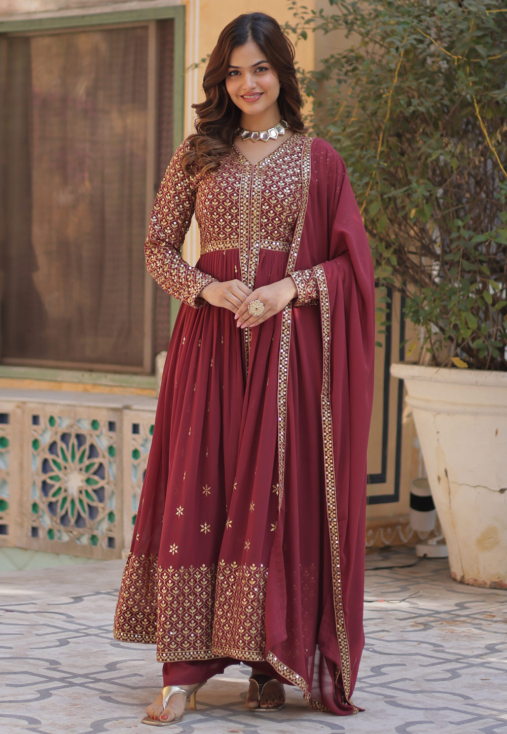 Pink Faux Georgette Readymade Long Anarkali Suit 305121