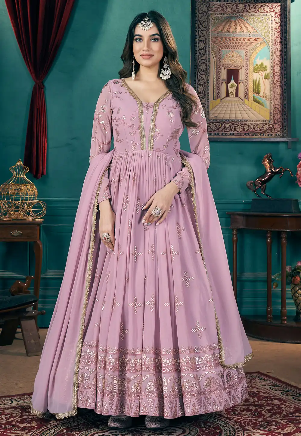 Pink Faux Georgette Readymade Long Anarkali Suit 289007