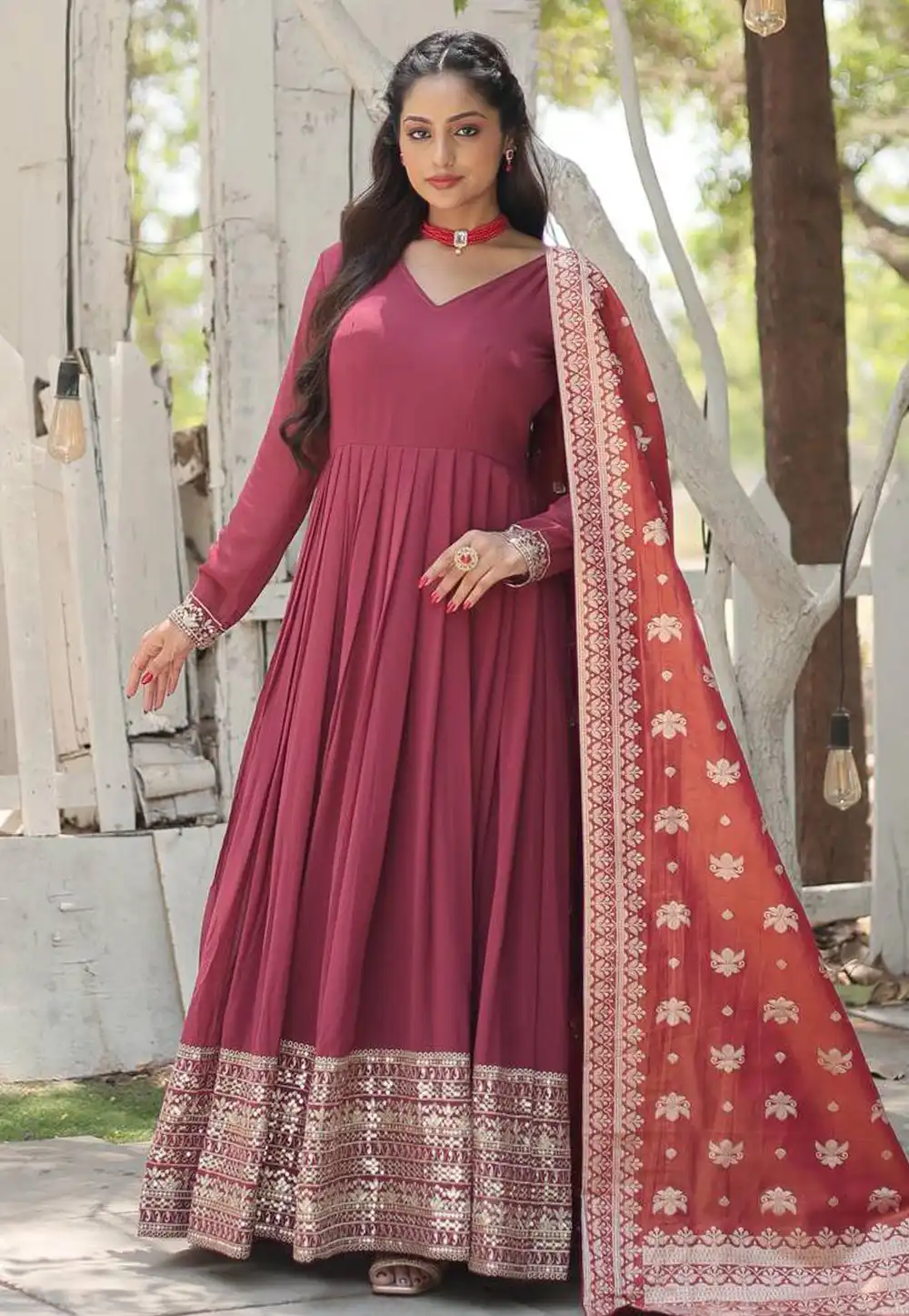 Pink Faux Georgette Readymade Long Anarkali Suit 291216