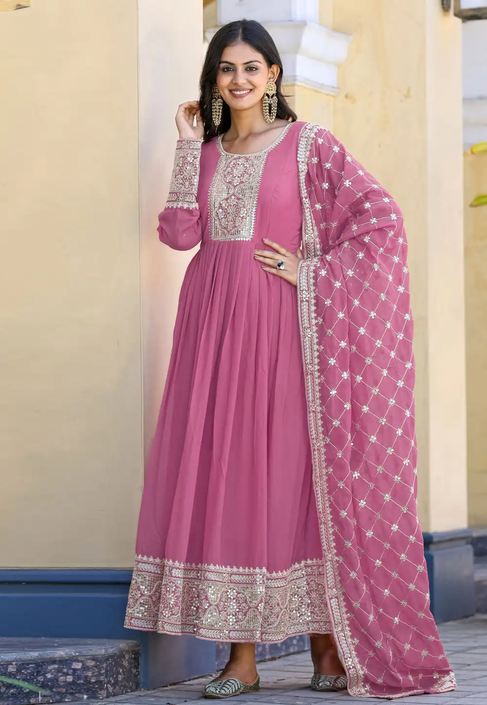 Pink Faux Georgette Readymade Long Anarkali Suit 290947