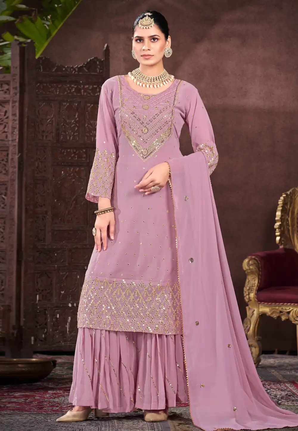 Pink Faux Georgette Readymade Sharara Suit 293611