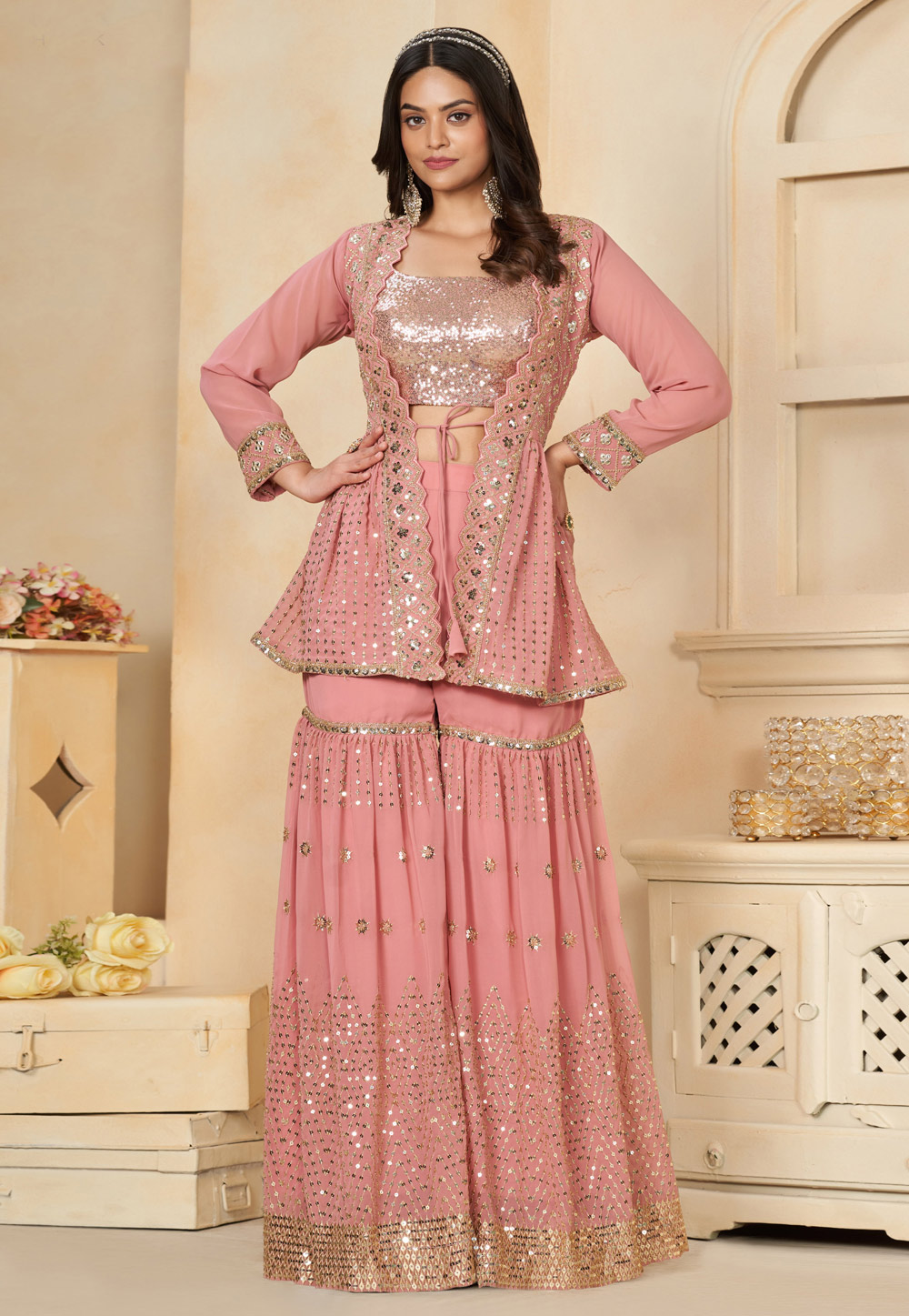 Pink Faux Georgette Sharara Suit 284548