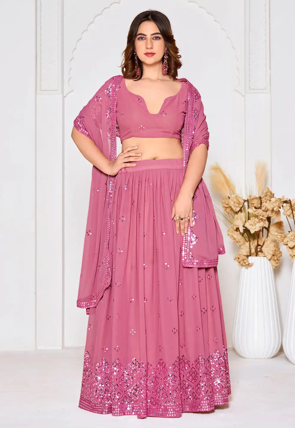 Pink Georgette A Line Lehenga Choli 293975